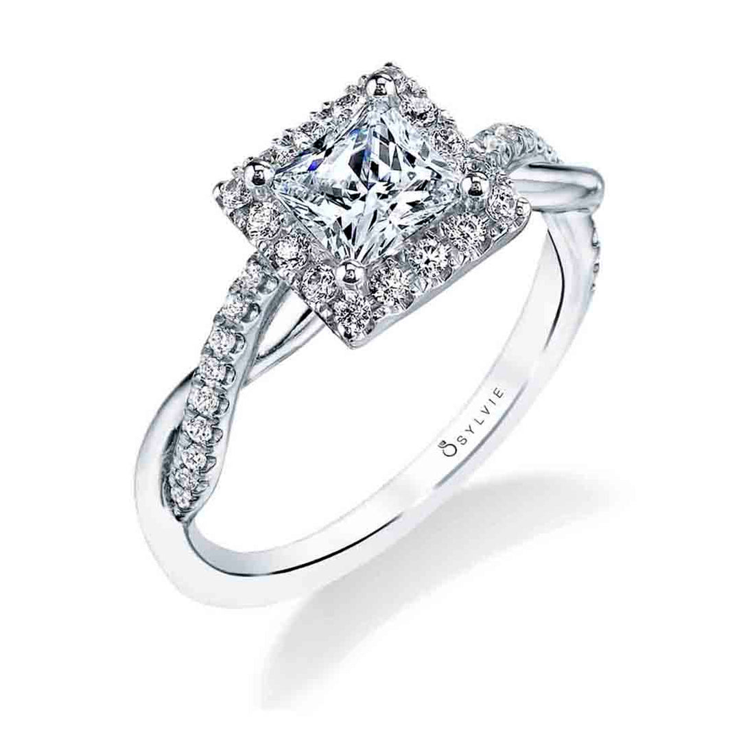 Princess Cut Modern Halo Diamond Spiral Engagement Ring - Coralie