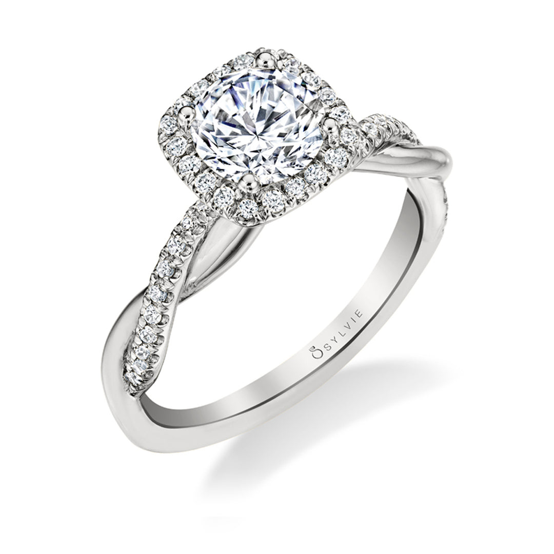 Cushion Cut Two Tone Modern Halo Diamond Spiral Engagement Ring - Coralie