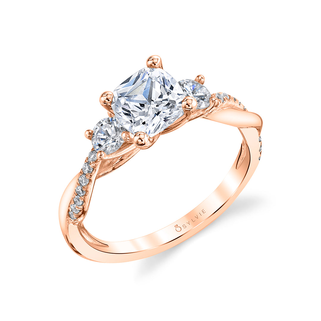 Cushion Cut Three Stone Twist Engagement Ring - Evangeline