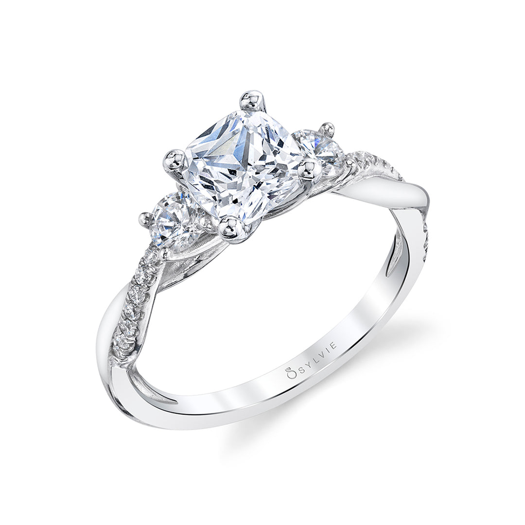 Cushion Cut Three Stone Twist Engagement Ring - Evangeline