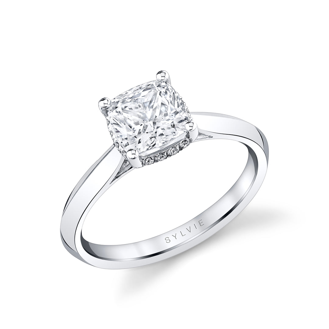 Cushion Cut Hidden Halo Solitaire Engagement Ring - Fae