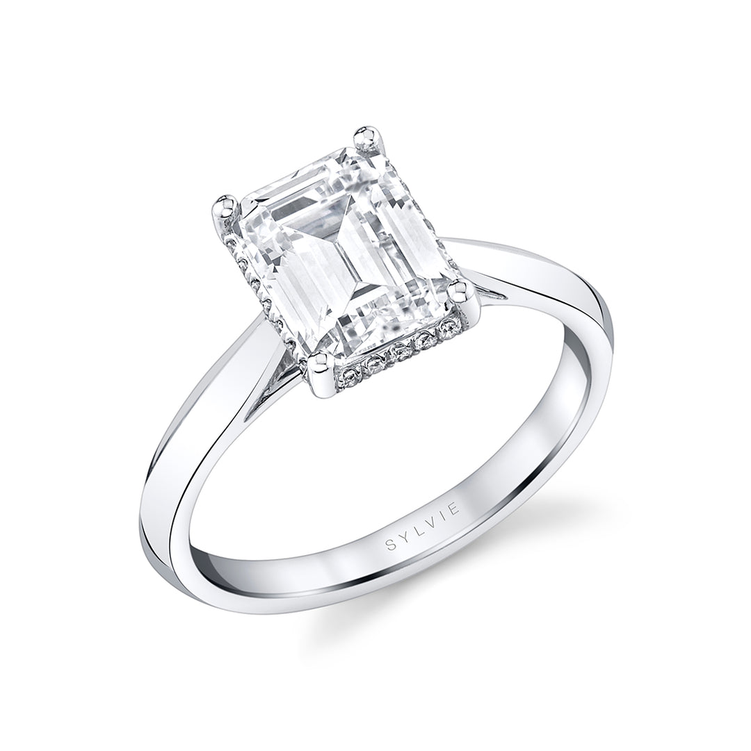 Emerald Cut Hidden Halo Solitaire Engagement Ring - Fae