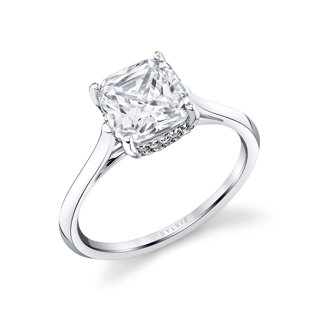 Cushion Cut Solitaire Hidden Halo Engagement Ring - Carter