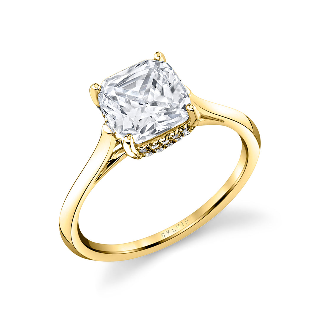 Cushion Cut Solitaire Hidden Halo Engagement Ring - Carter