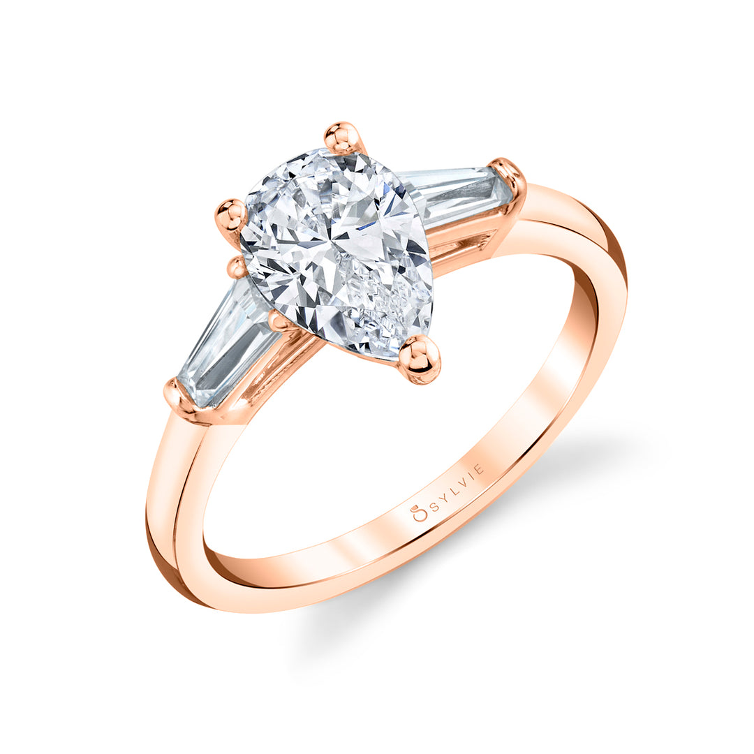 Pear Shaped Three Stone Engagement Ring with Baguettes - Nicolette