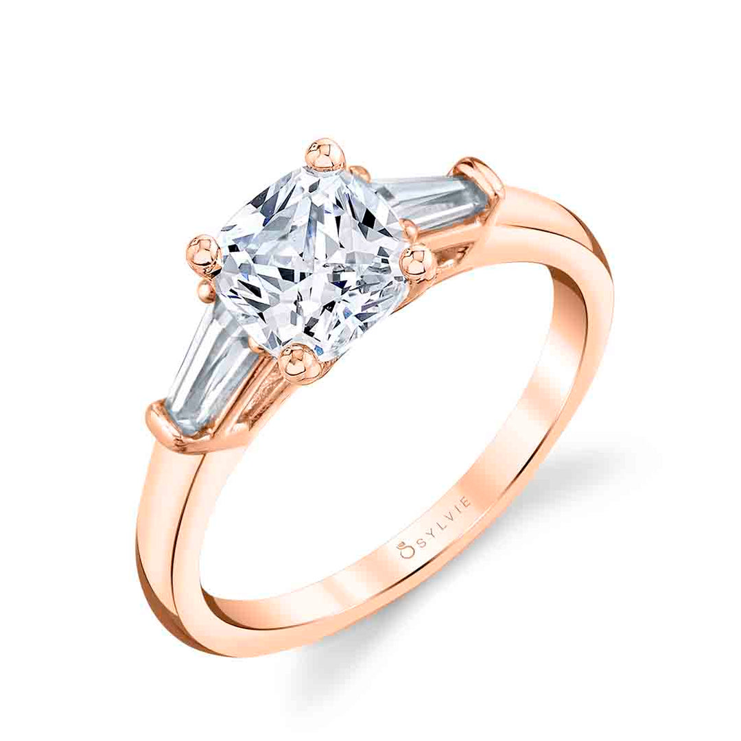 Cushion Cut Three Stone Engagement Ring with Baguettes - Nicolette