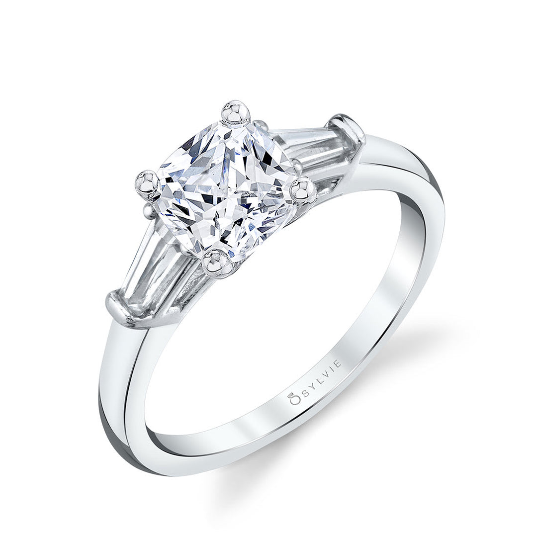 Cushion Cut Three Stone Engagement Ring with Baguettes - Nicolette