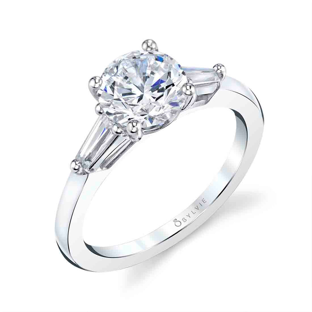 Round Cut Three Stone Engagement Ring with Baguettes - Nicolette