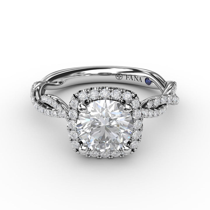 Classic Cushion Diamond Halo Engagement Ring With Cathedral Twist Diamond Band