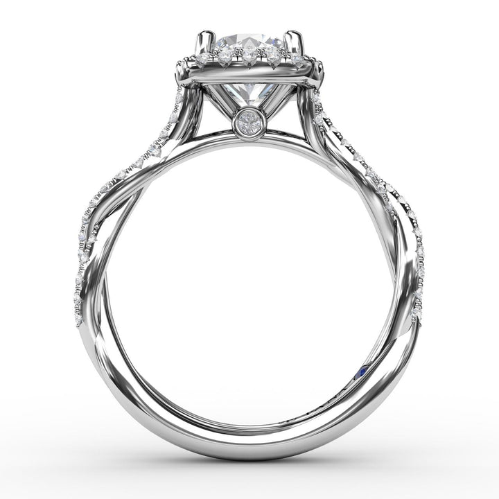 Classic Cushion Diamond Halo Engagement Ring With Cathedral Twist Diamond Band