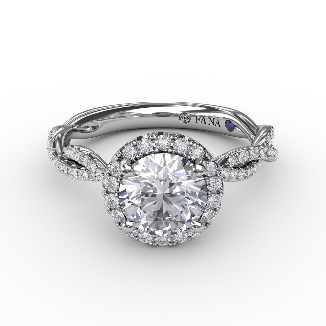 Classic Round Diamond Halo Engagement Ring With Cathedral Twist Diamond Band