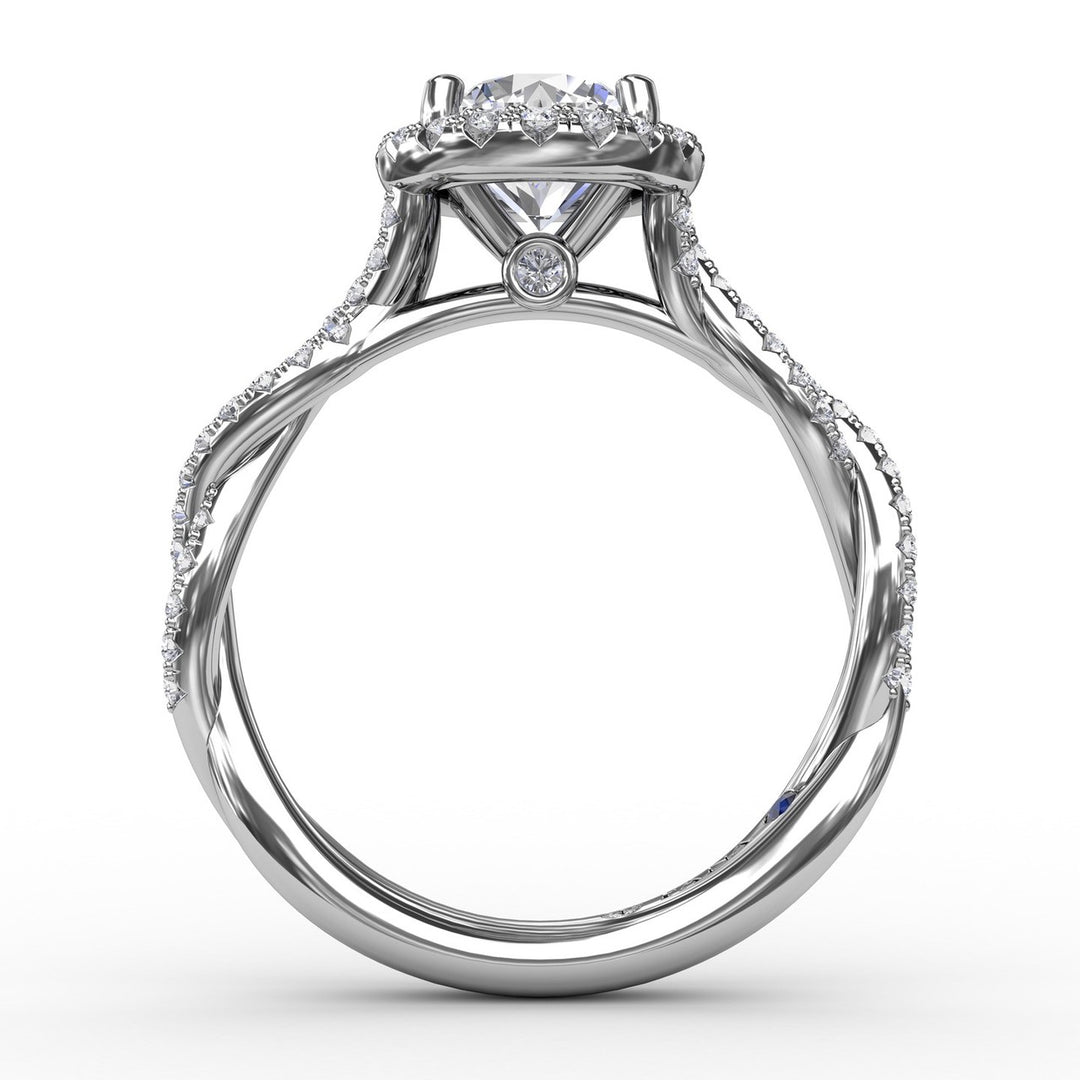 Classic Round Diamond Halo Engagement Ring With Cathedral Twist Diamond Band