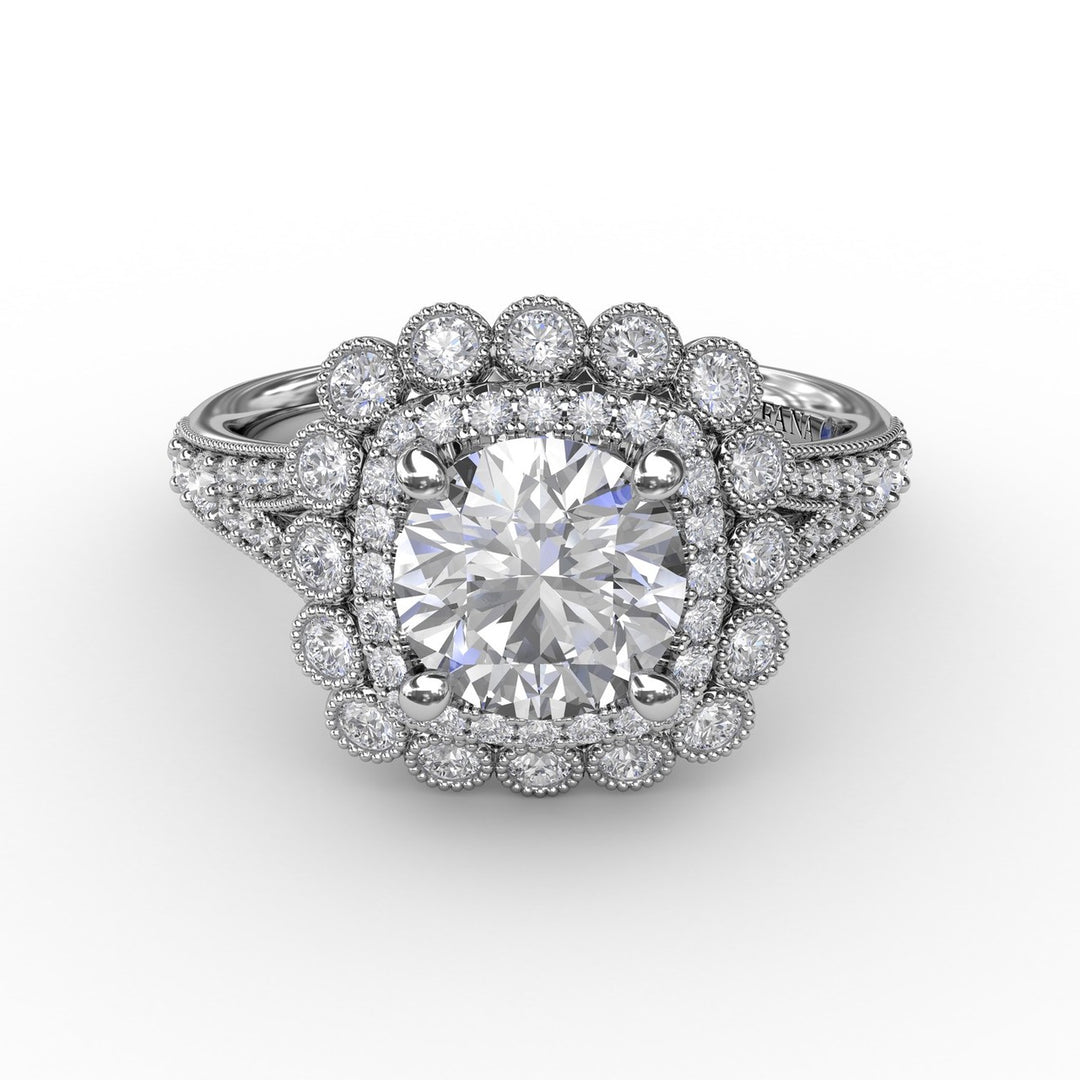 Vintage Double Halo Engagement Ring With Milgrain Details