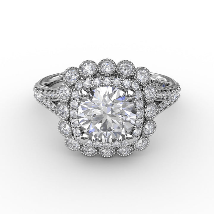 Vintage Double Halo Engagement Ring With Milgrain Details