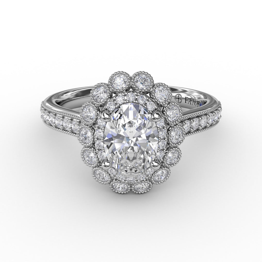 Vintage Double Halo Oval Engagement Ring With Milgrain Details