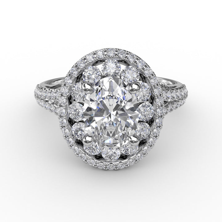 Double Halo Round Diamond Engagement Ring With Split Diamond Shank