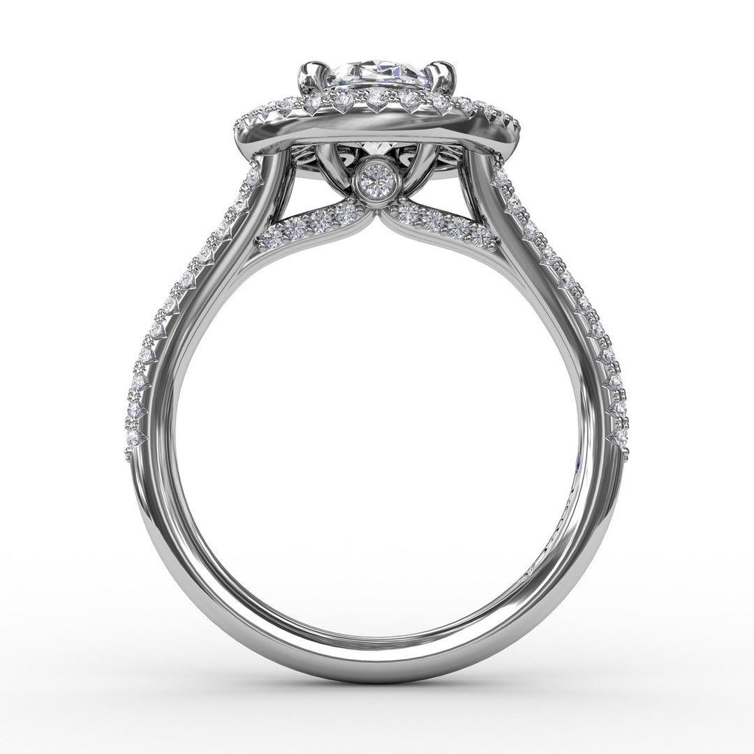 Double Halo Round Diamond Engagement Ring With Split Diamond Shank