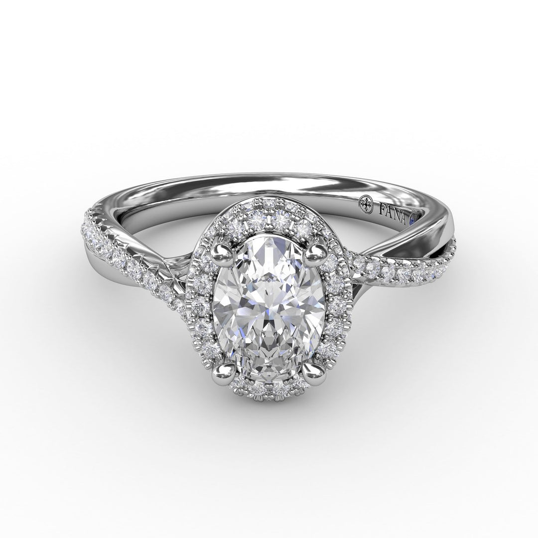 Oval Waterfall Halo Engagement Ring With Twisted Shank