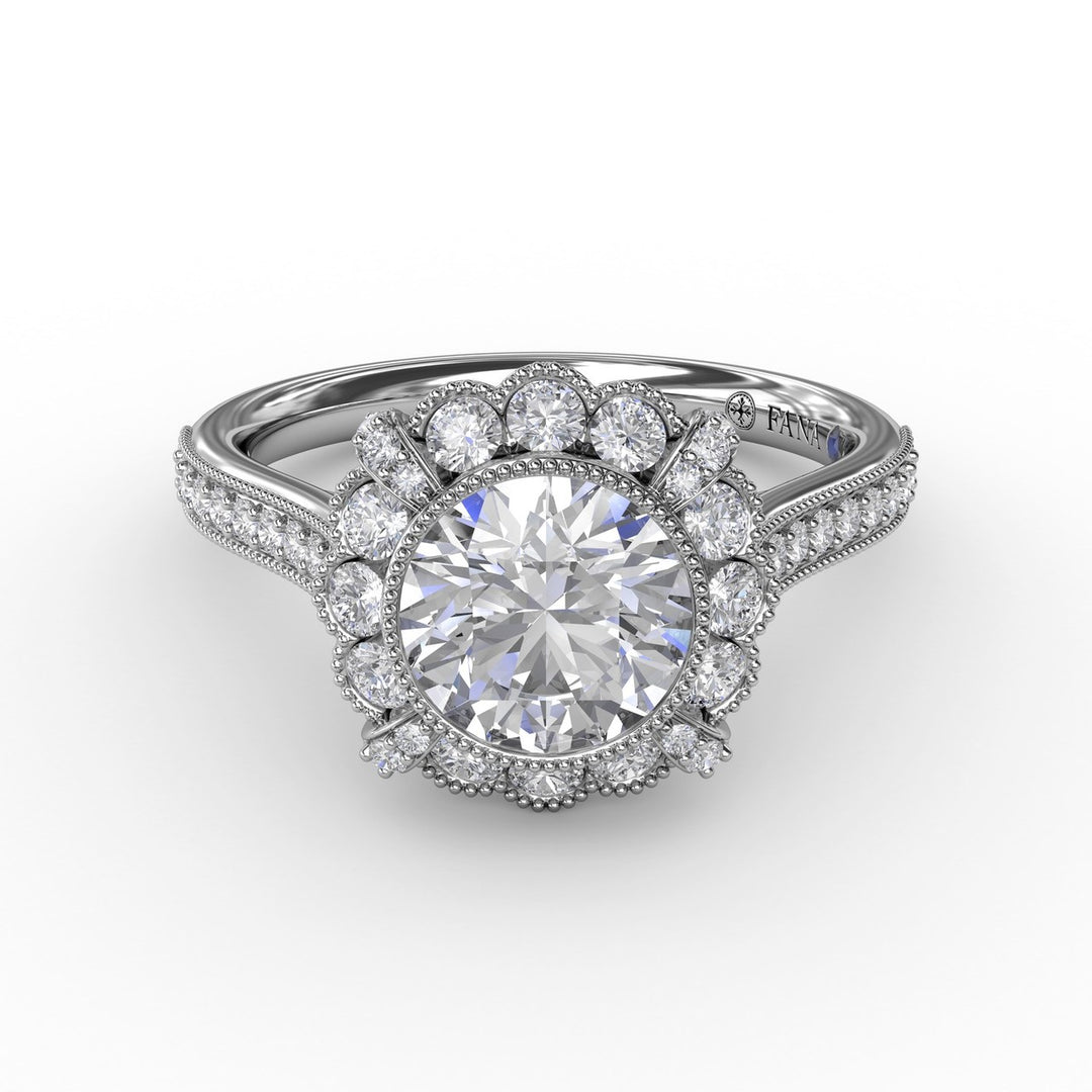 Vintage Scalloped Halo Engagement Ring With Milgrain Details