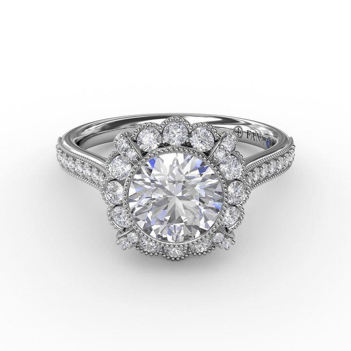 Vintage Scalloped Halo Engagement Ring With Milgrain Details