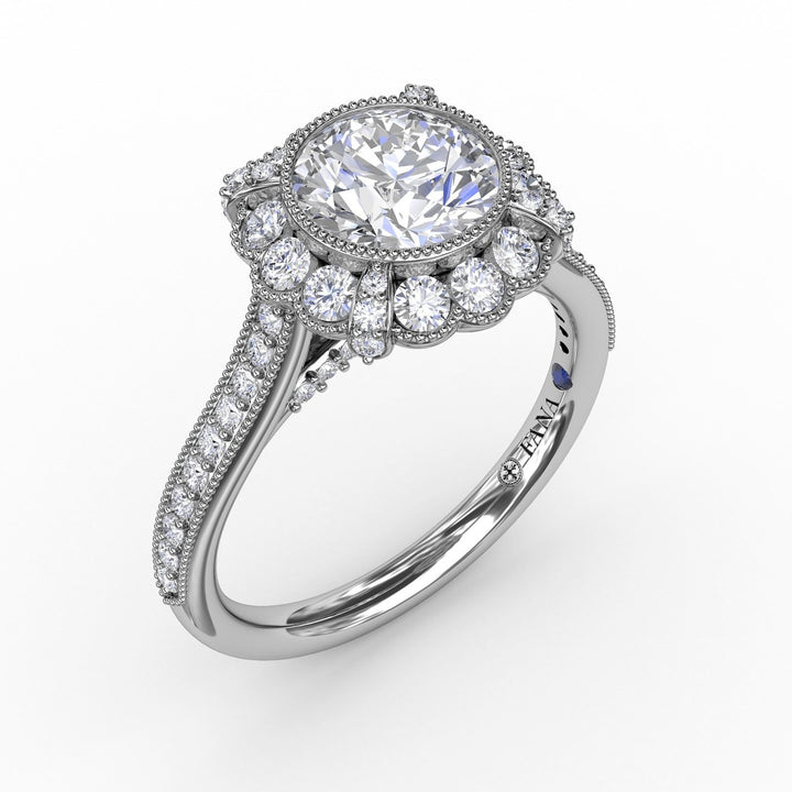 Vintage Scalloped Halo Engagement Ring With Milgrain Details