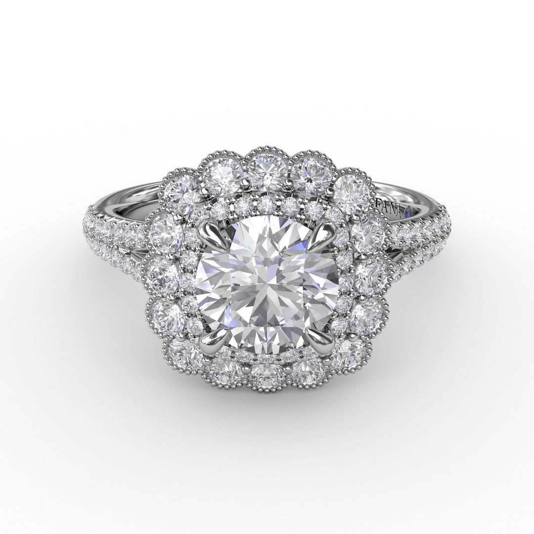 Vintage Cushion-Shaped Double Halo Engagement Ring With Split Shank