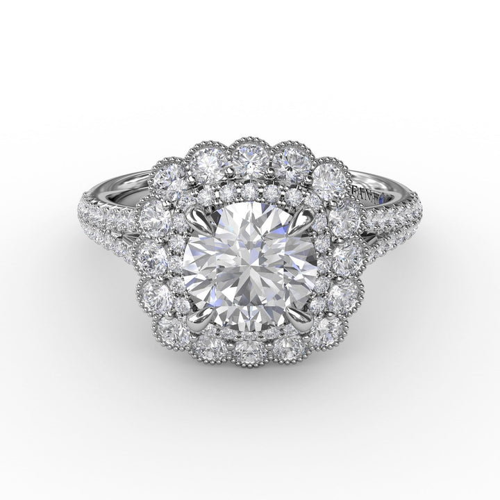 Vintage Cushion-Shaped Double Halo Engagement Ring With Split Shank