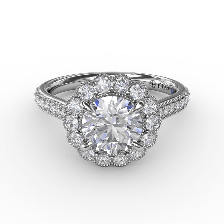 Vintage Scalloped Halo Engagement Ring With Milgrain Details