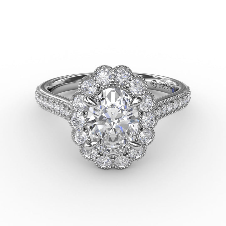 Vintage Scalloped Halo Oval Engagement Ring With Milgrain Details