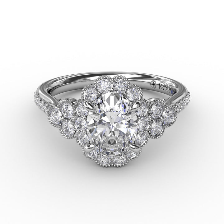 Scalloped Halo Engagement Ring With Diamond Clusters and Milgrain Details