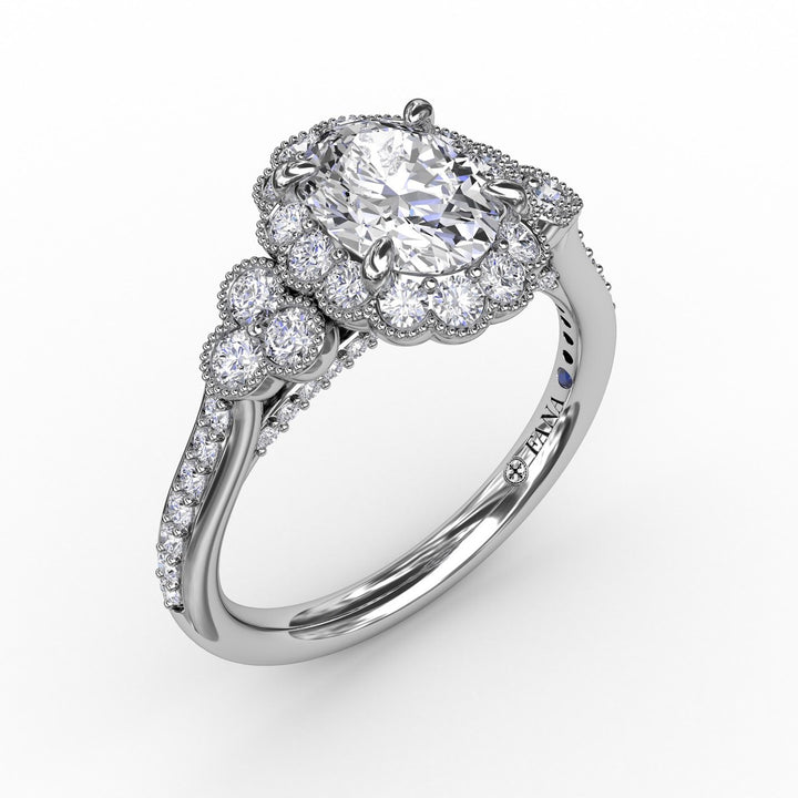 Scalloped Halo Engagement Ring With Diamond Clusters and Milgrain Details