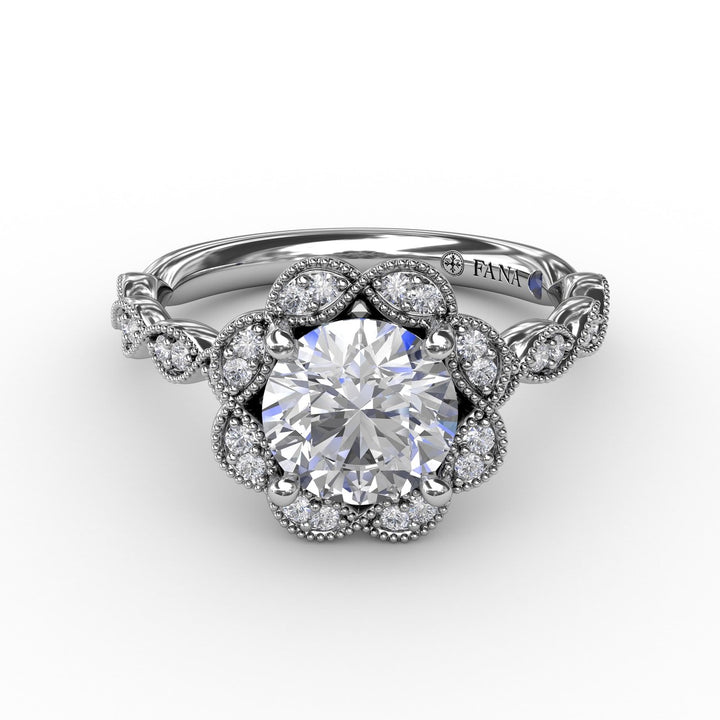 Round Diamond Engagement Ring With Floral Halo and Milgrain Details