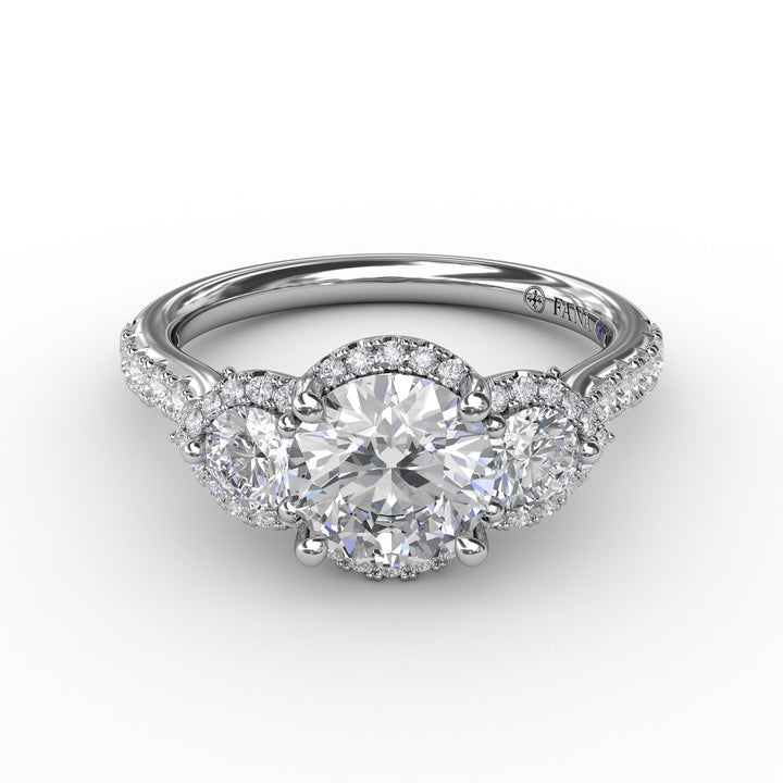 Three-Stone Round Diamond Halo Engagement Ring