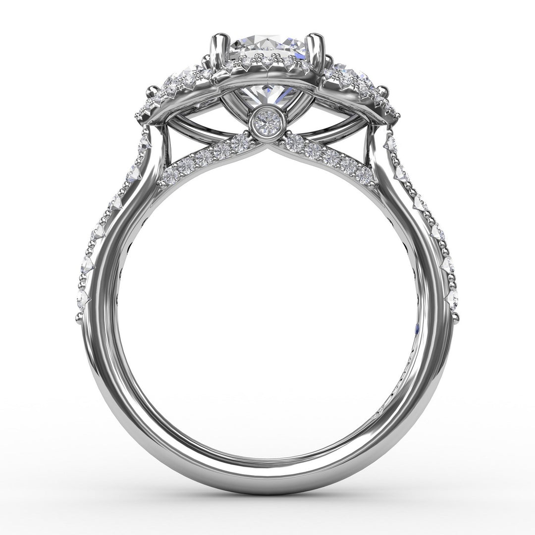 Three-Stone Round Diamond Halo Engagement Ring