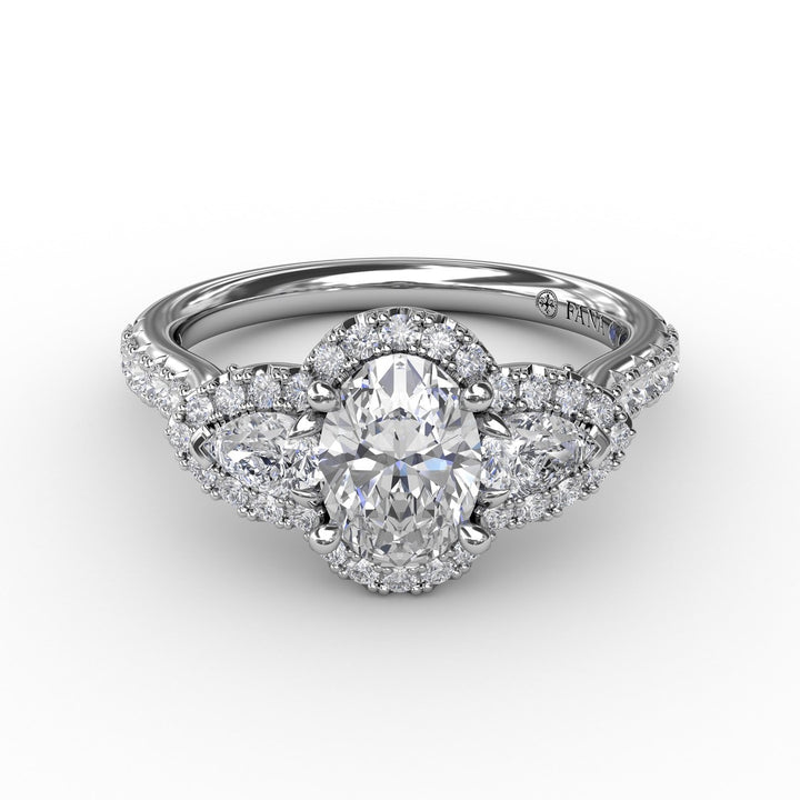 Three-Stone Round Diamond Halo Engagement Ring