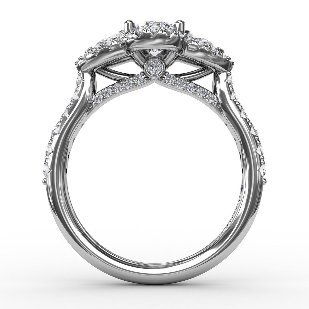 Three-Stone Round Diamond Halo Engagement Ring