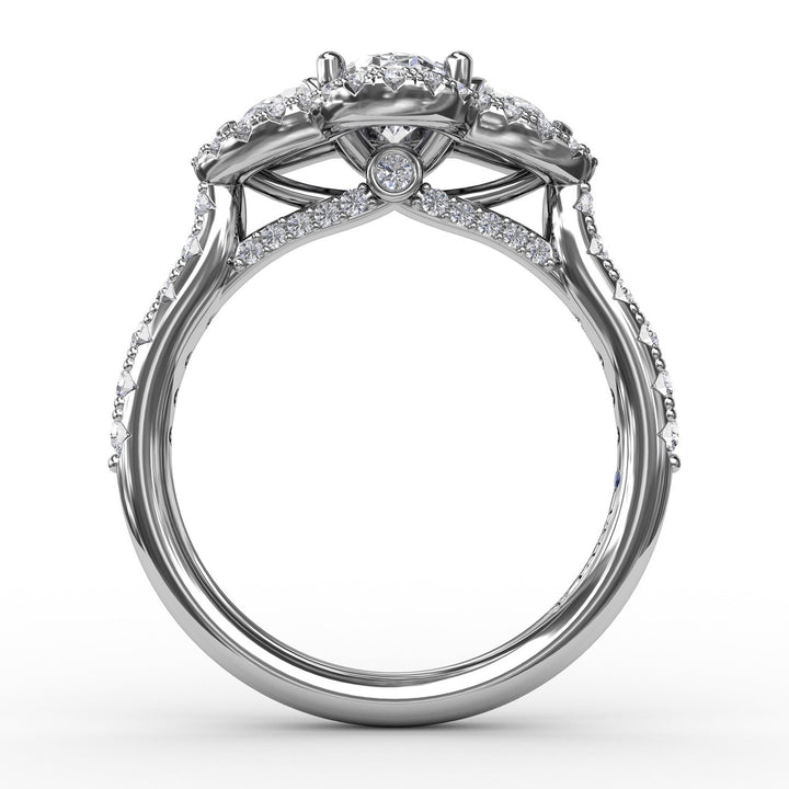 Three-Stone Round Diamond Halo Engagement Ring