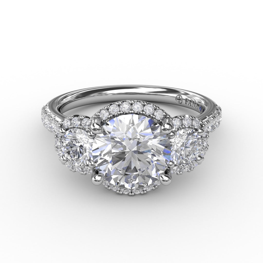 Three-Stone Round Diamond Halo Engagement Ring