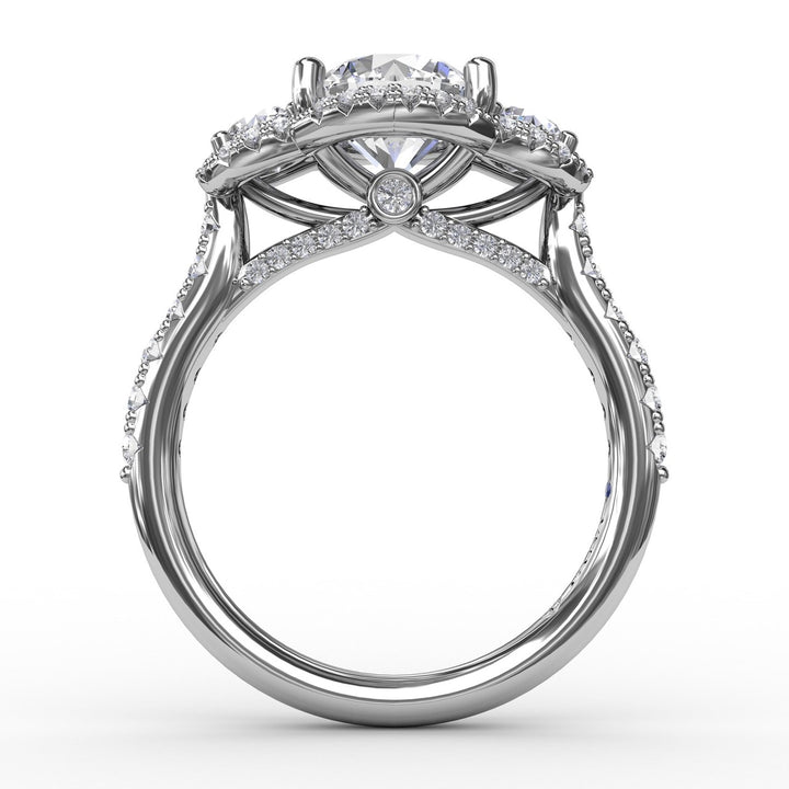 Three-Stone Round Diamond Halo Engagement Ring