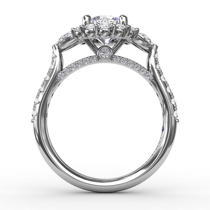 Three-Stone Diamond Halo Engagement Ring With Pear-Shape Side Stones