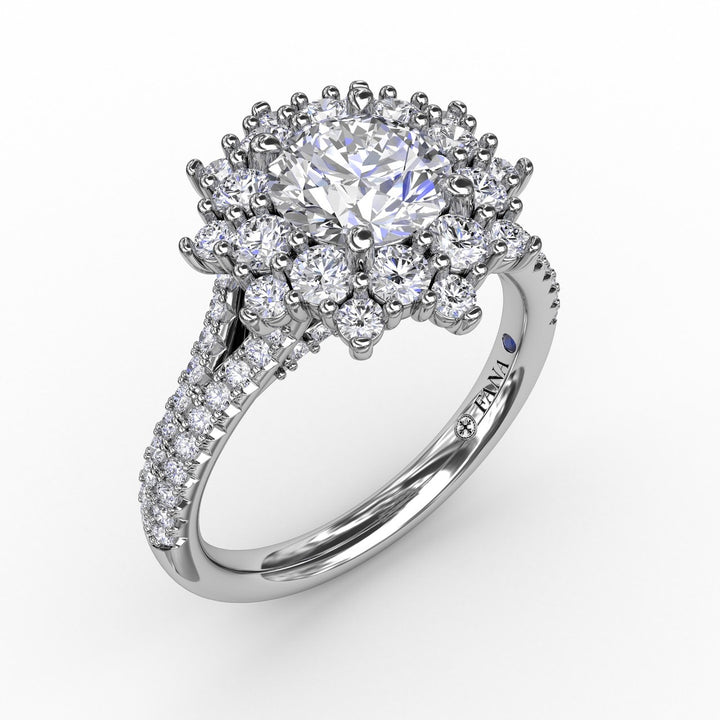 Contemporary Floral Halo Engagement Ring With Double-Row Pavé Band