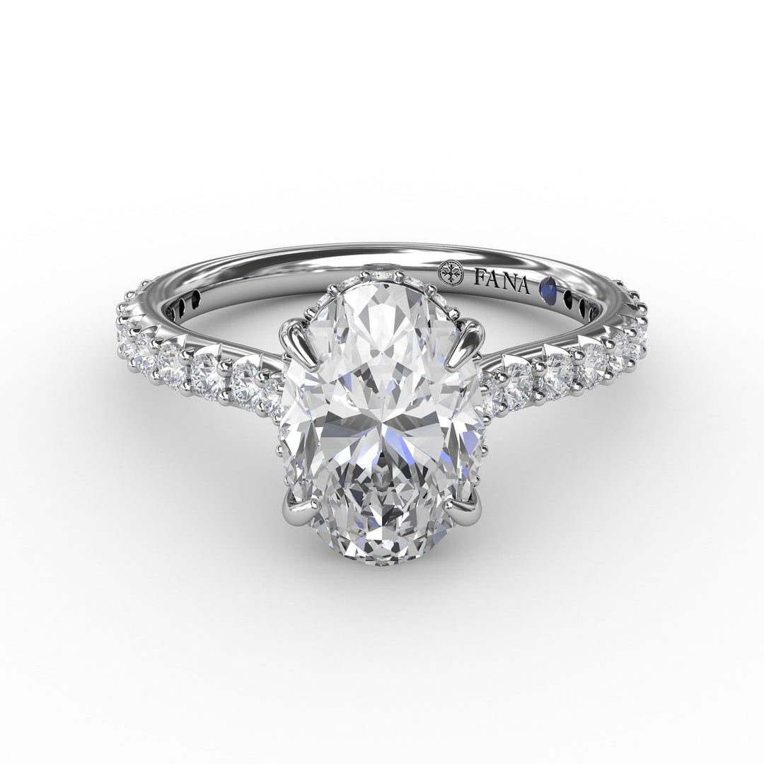 Classic Oval Diamond Solitaire Engagement Ring With Hidden Pavé Halo