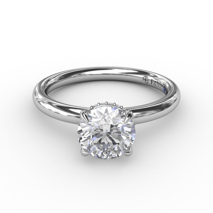 Contemporary Round Diamond Solitaire Engagement Ring With Hidden Pavé Halo