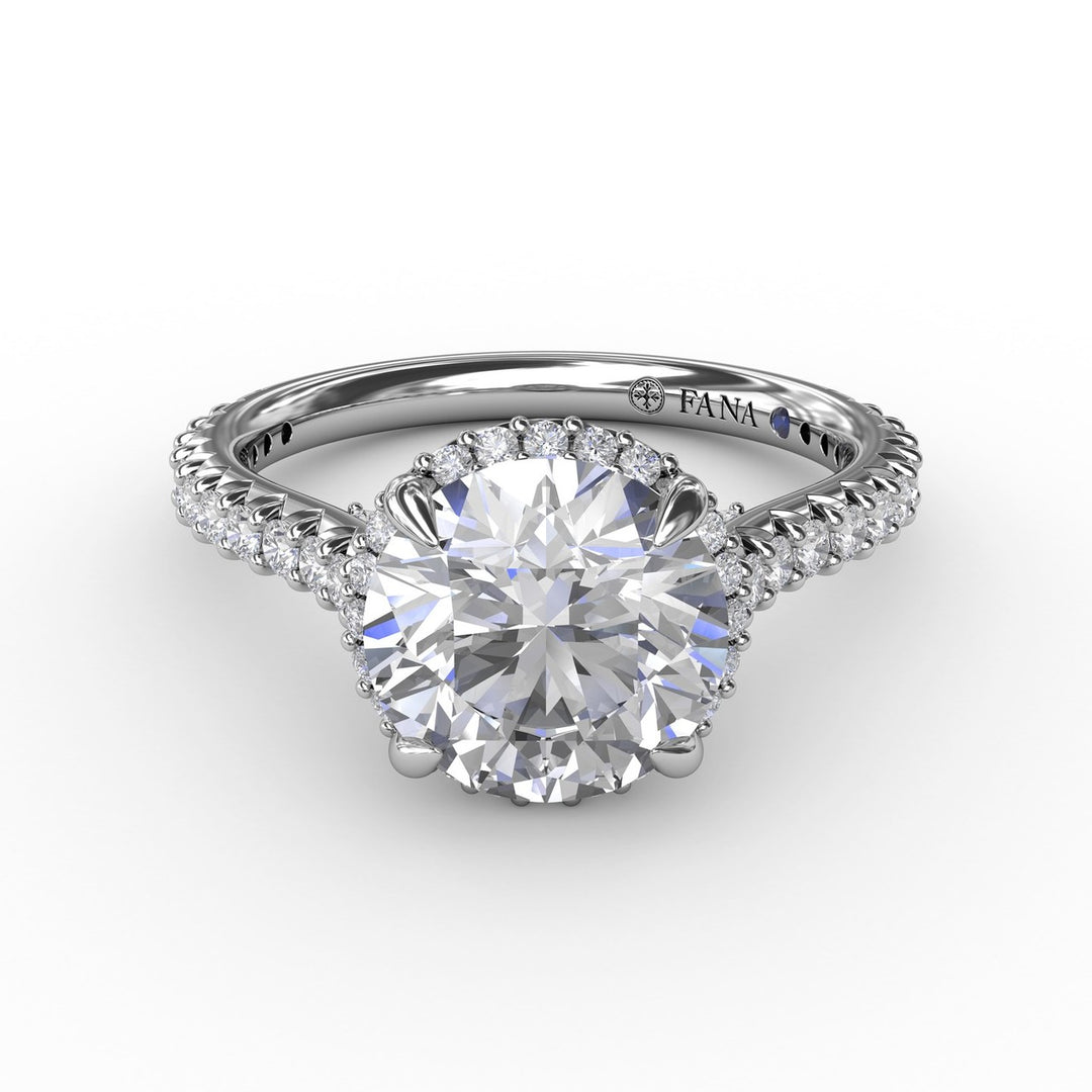 Contemporary Round Diamond Halo Engagement Ring With Geometric Details