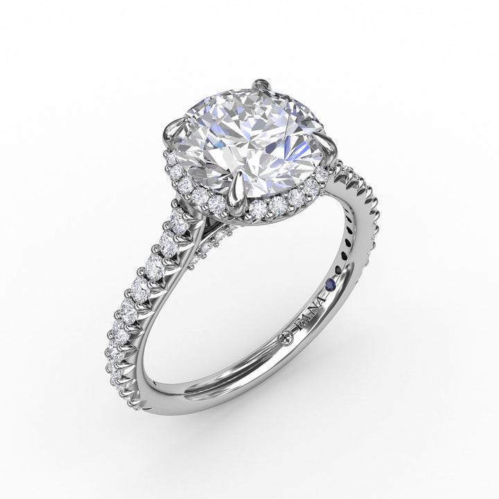 Contemporary Round Diamond Halo Engagement Ring With Geometric Details