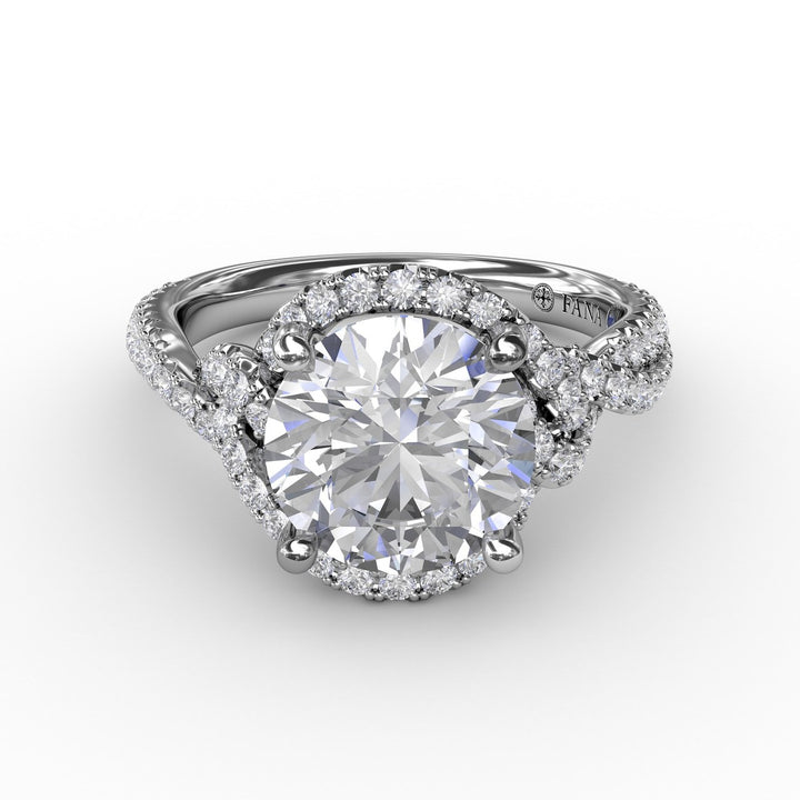 Contemporary Round Diamond Halo Engagement Ring With Twisted Shank