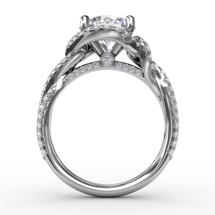 Contemporary Round Diamond Halo Engagement Ring With Twisted Shank