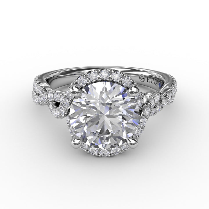 Contemporary Round Diamond Halo Engagement Ring With Twisted Vine Shank