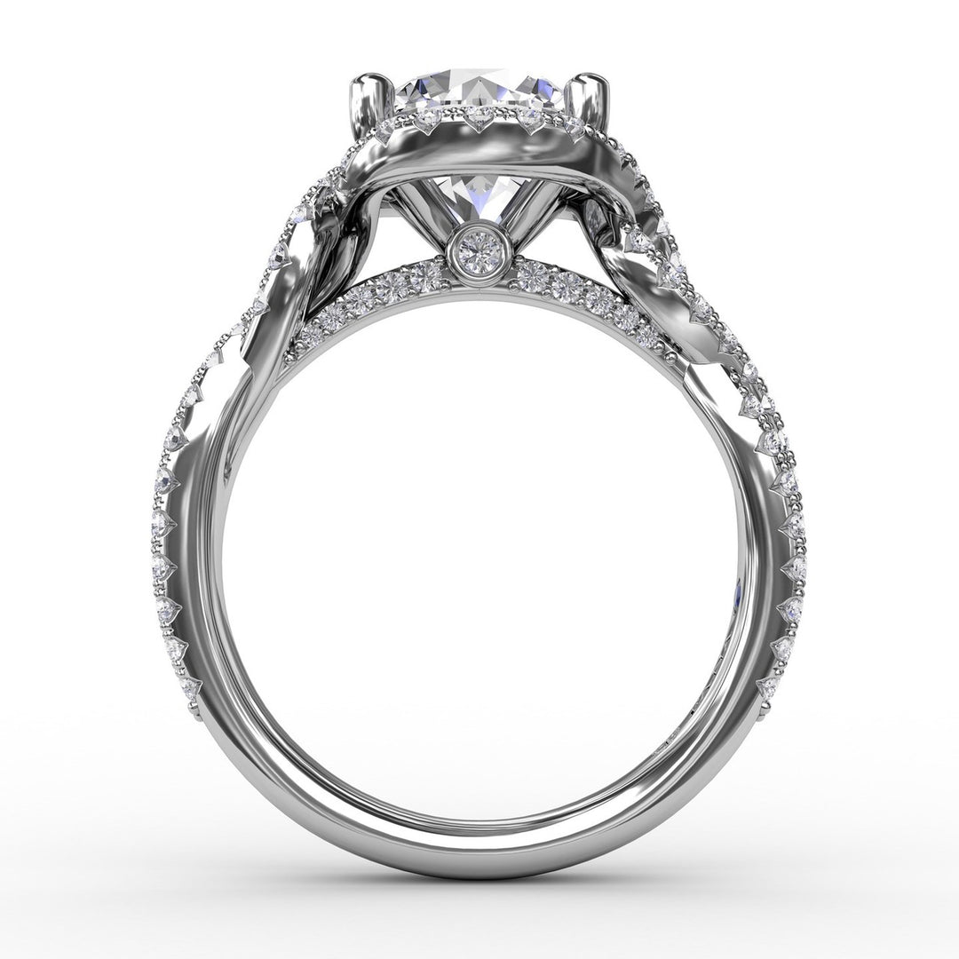 Contemporary Round Diamond Halo Engagement Ring With Twisted Vine Shank