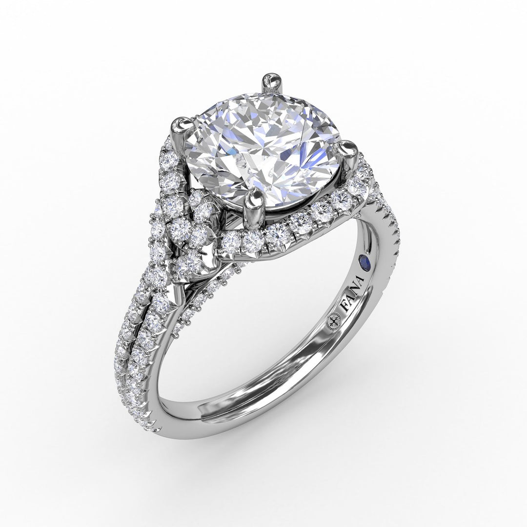 Contemporary Round Diamond Halo Engagement Ring With Couture Details